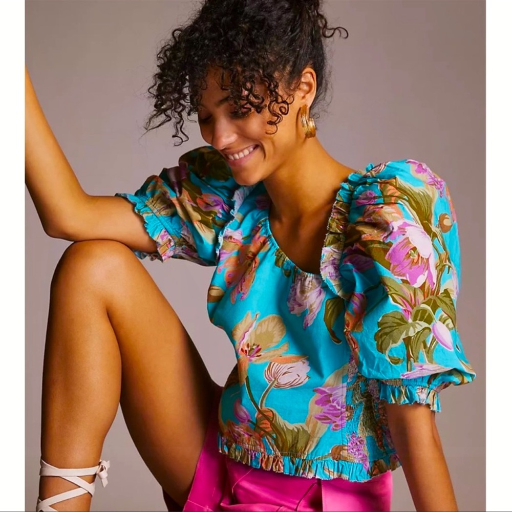 Anthropologie Floral Puff Sleeved Stylish Crop Top - Picture 1 of 5
